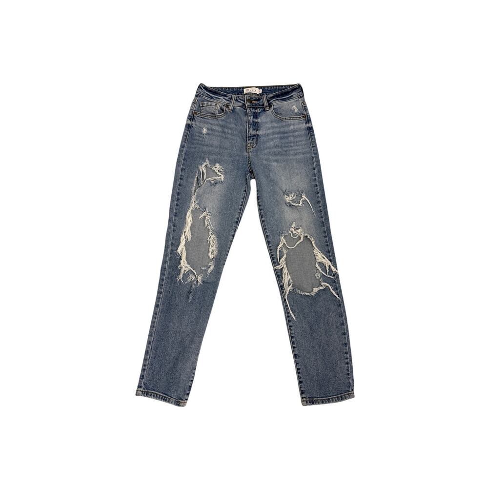 Oasis by Eunina Jeans Blue Denim Mid Rise Destroyed Straight Jeans Size 1